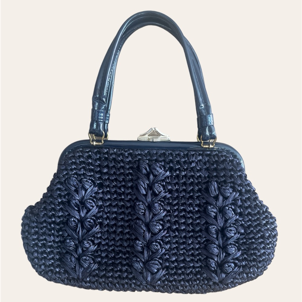 Vintage 1950s Navy Blue Woven Handbag – Mid-Century Frame Purse